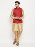 Vastramay Men's Maroon Matka Silk Nehru Jacket With Rose Gold Silk Blend Kurta and Pant style Pyjama Set